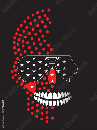 Patriotic Dot Art Skull, American flag. A stylized skull graphic set against a solid black background. The skull is formed by a pattern of red dots, with a set of sunglasses featuring a white star-spa
