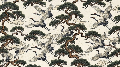 Traditional Asian Crane and Pine Branches Pattern for Textile Design