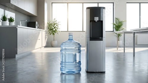 Modern water cooler dispenser with a large plastic bottle standing in a bright contemporary home kitchen. 5 gallon water jug