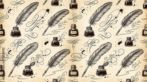 Vintage ink pens and inkwells pattern for writing and calligraphy