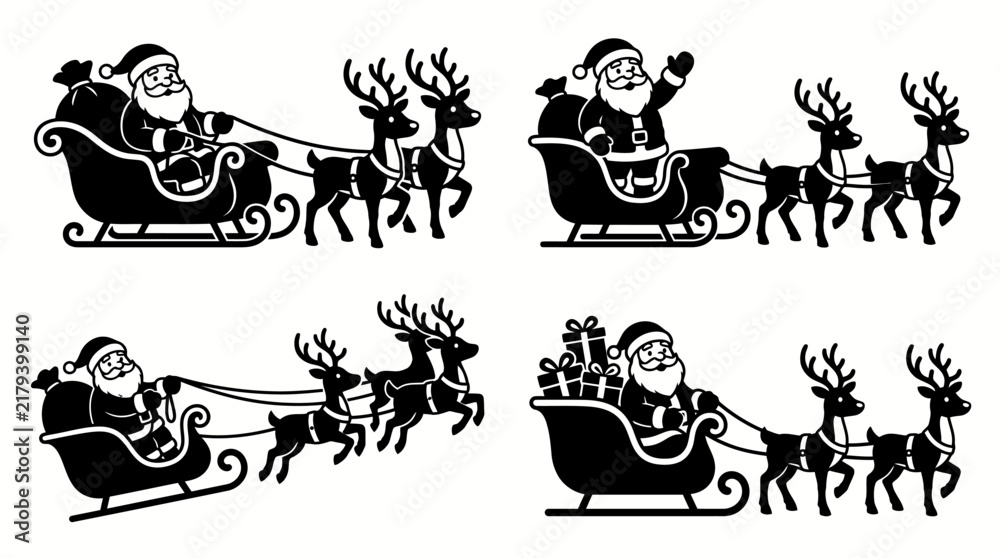 Fototapeta premium Black and white Santa Claus sleigh with reindeer illustration. vector illustration