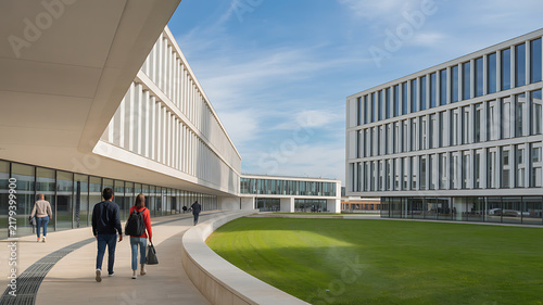 Étudiants marchant sur le campus moderne d'une école d'ingénieurs