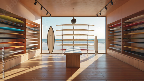 Boutique de surf épurée avec planches exposées face à l'océan