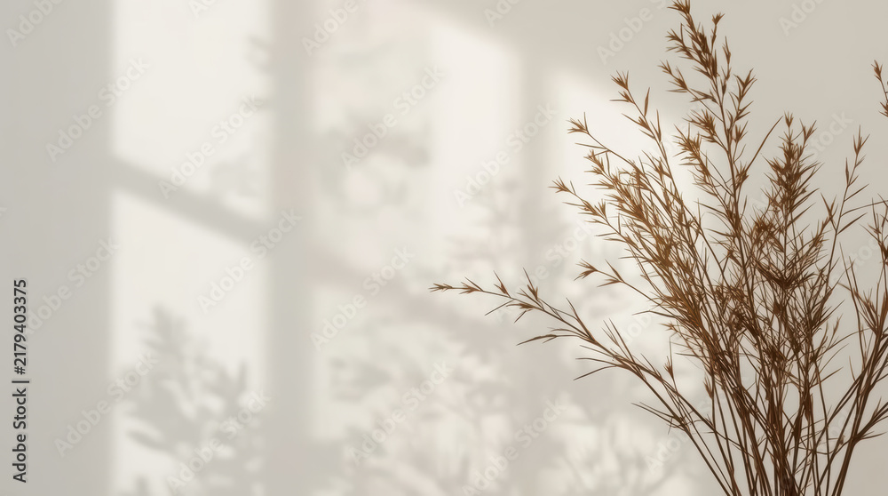 Obraz premium Dried grass branch botanical silhouette minimalist interior with soft window shadow