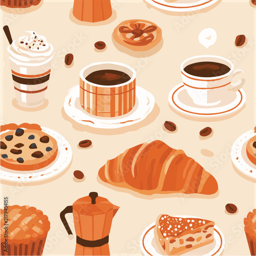 Coffee and pastry seamless pattern, cozy cafe aesthetic