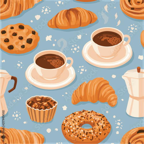 Coffee and pastry seamless pattern, cozy cafe aesthetic