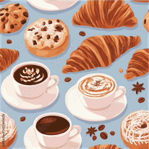 Coffee and pastry seamless pattern, cozy cafe aesthetic