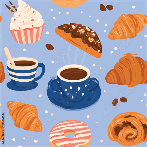 Coffee and pastry seamless pattern, cozy cafe aesthetic