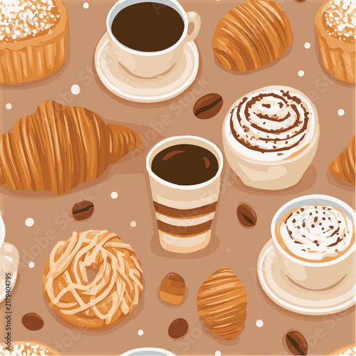Coffee and pastry seamless pattern, cozy cafe aesthetic