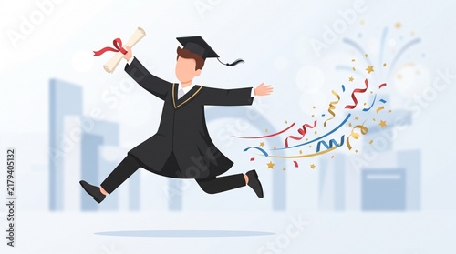 Faceless male student performing an enthusiastic graduation jump while holding a red-ribbon diploma, with stars and streamers symbolizing academic success.
