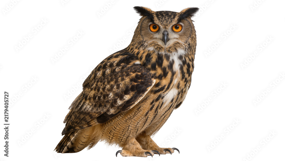 Obraz premium Eurasian eagle-owl with bright orange eyes detailed feathers, isolated on transparent background