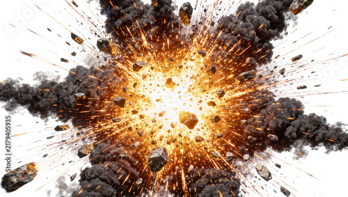 Photography Fiery explosion with dark smoke and flying debris, isolated on transparent backg