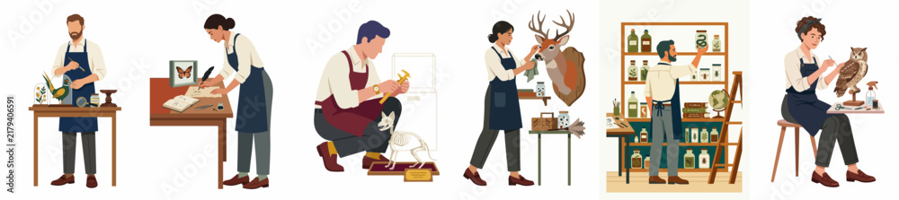 Fototapeta premium Professional Taxidermists and Museum Conservators Working with Animal Specimens, Skeletons, and Botanical Samples in a Laboratory Illustration Set.
