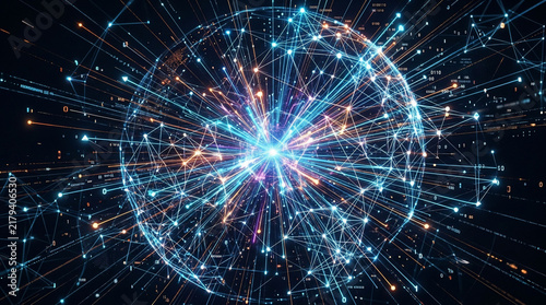 Abstract Network Globe with Glowing Connections and Data Flow.