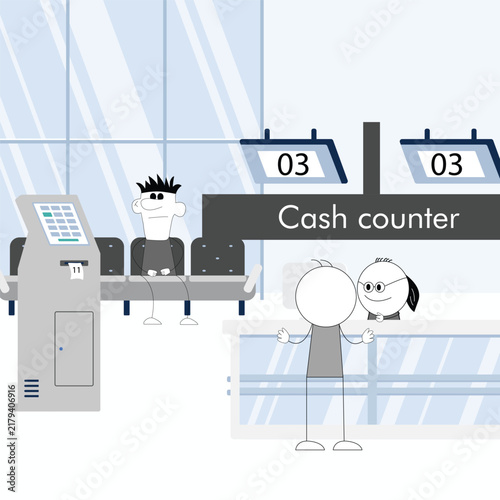 Fotografie Stickman standing on cash counter in bank other is waiting for his turn