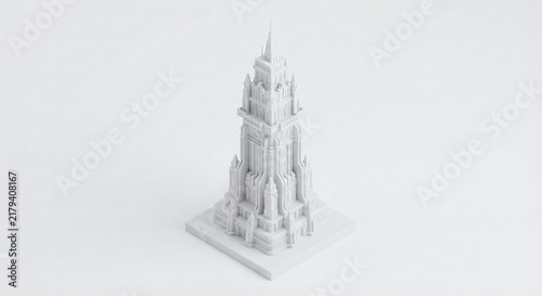 tower, 3D isometric rendering of a structure and objects with a solid white plastic finish, designed for use as a background element.