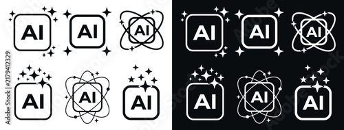 Set of modern artificial intelligence ai technology icon designs with glowing stars and circular orbit line elements
