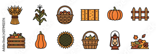 Set of colorful autumn harvest season elements designed as a collection of flat vector icon graphic illustrations
