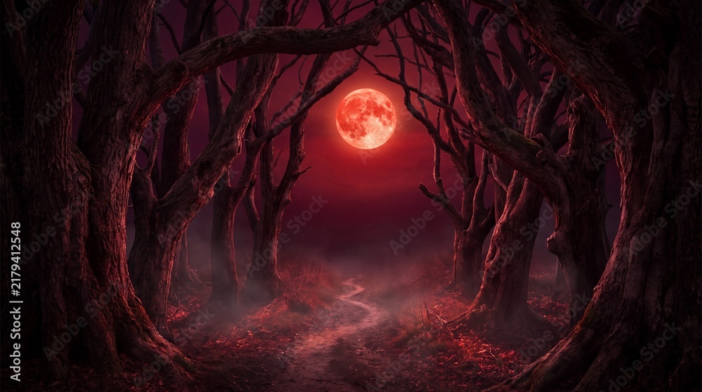 Obraz premium Red Moon Forest Path Night Scene