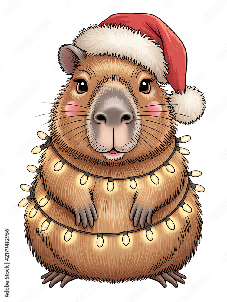 Obraz premium Cute Christmas capybara wearing Santa hat wrapped in glowing lights