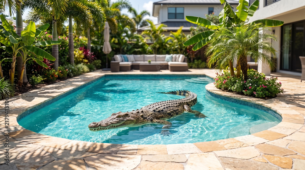 Fototapeta premium Crocodile Swimming in Backyard Swimming Pool