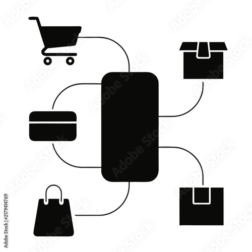E-commerce mobile shopping vector, digital payment and logistics flowchart, online retail supply chain icons for business apps