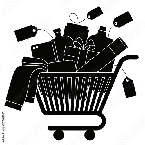 Black shopping cart silhouette with retail goods. Full grocery trolley with price tags and gift boxes. Consumerism and e-commerce vector icon.