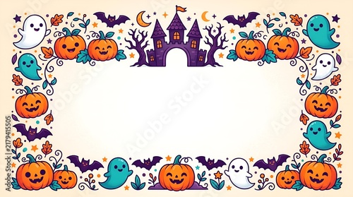 Halloween frame features cute pumpkins, ghosts, bats, and a castle around empty copy space.
