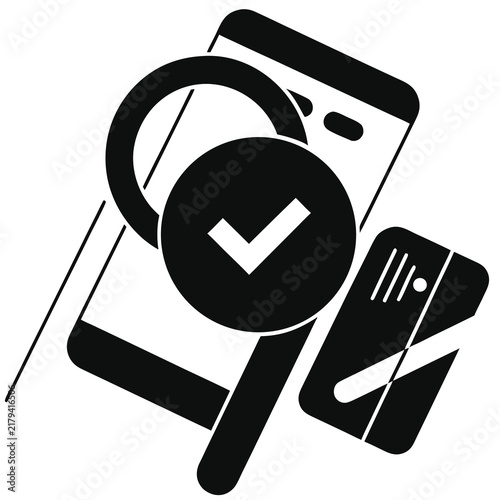 Secure mobile payment icon, smartphone with credit card and checkmark symbol, digital wallet transaction vector illustration