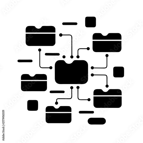 Data management icon with connected folders, digital file organization system, black vector network of storage directories