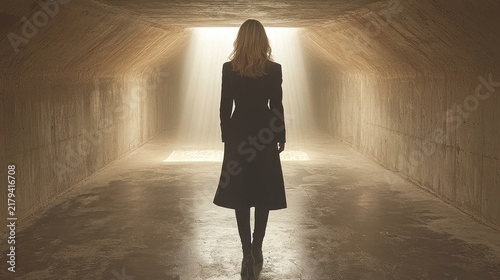 Figure walking towards light in a tunnel