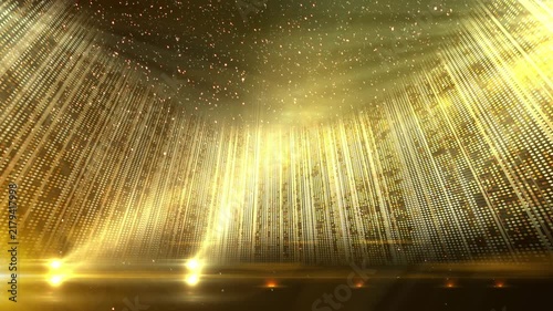 Brilliant golden revolving stage with projectors. Animated video background. 
Video in loop.