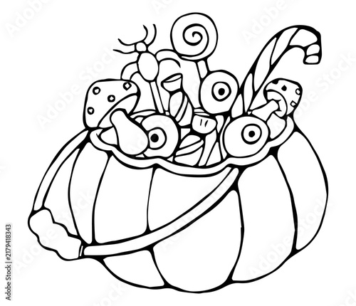 Hand Drawn Halloween Pumpkin Basket Full of Candy Eyeballs and Mushrooms Line Art Doodle Illustration