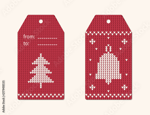 Red Knitted Sweater Pattern Christmas Gift Tags Set with Tree Bell Design and From To Label Illustration