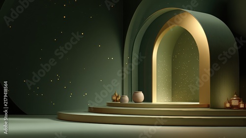 Islamic arch stage podium in emerald tones with soft spotlight, featuring decorative lanterns and pottery, ideal for luxury Ramadan product display background