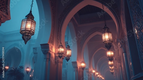 Islamic architectural arches illuminated by ornate lanterns at night, featuring soft cinematic lighting and elegant depth of field in a Ramadan-inspired scene