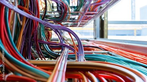 Intricate network of colorful electrical wires and cables in a server room