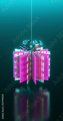 3D abstract hanging Christmas gift box with glass layers on dark background. 4k seamless loop animation.