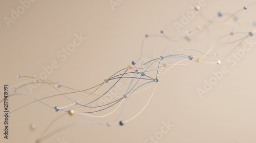 Abstract 3D illustration of interconnected nodes and flowing lines representing complex network structure, data flow visualization, neural network, artificial intelligence pathways