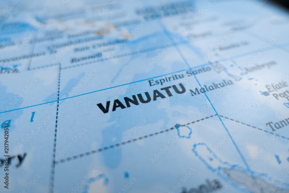 Naklejka premium Map of Vanuatu styled in grey color. Selective focus on label, close-up view