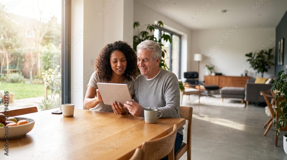 Obraz premium Adult Daughter Helping Senior Father Use Digital Tablet at Home