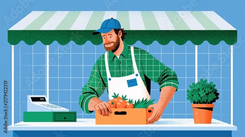 Farmer at market stall with fresh produce and cash register