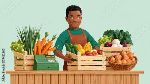 Smiling farmer with fresh produce at a market stall with a cash register