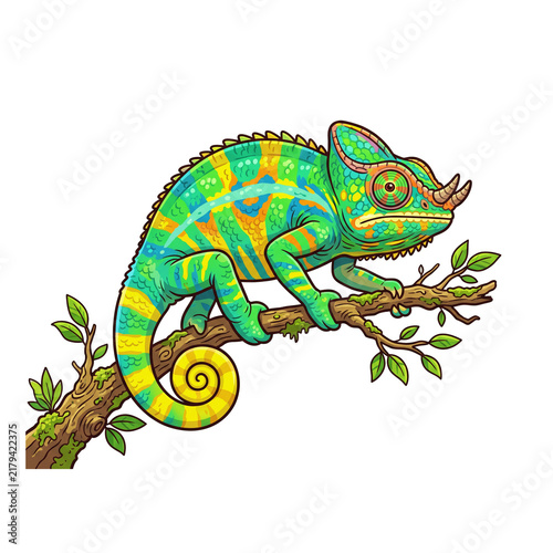 Colorful Cartoon Chameleon Clipart on Tree Branch Isolated on White Background
