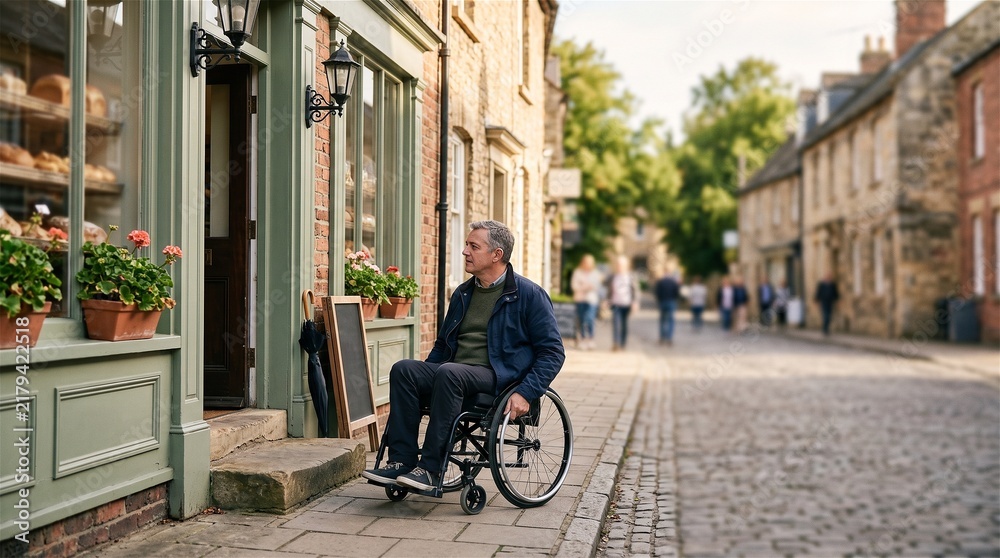 Obraz premium Senior man in wheelchair at inaccessible bakery entrance