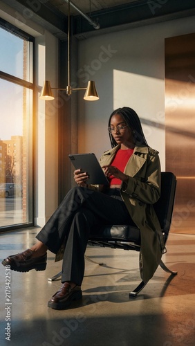 Young Black professional woman using a tablet in a modern industrial loft
