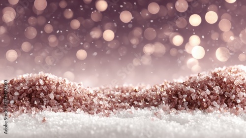 Frosty pastel pink bokeh sparkles illuminate delicate snow particles in a dreamy winter scene, creating a serene and enchanting atmosphere with copy space