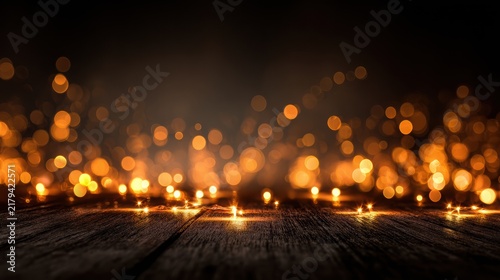 Warm golden holiday bokeh lights softly illuminate a dark cozy background, creating a dreamy atmosphere with gentle depth of field and creamy glow for festive ambiance