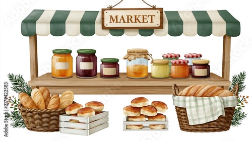 Hand-painted market stall with fresh baked goods and preserves