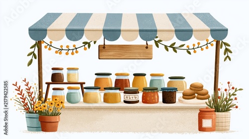 Hand-painted market stall sign with jars of preserves and baked goods